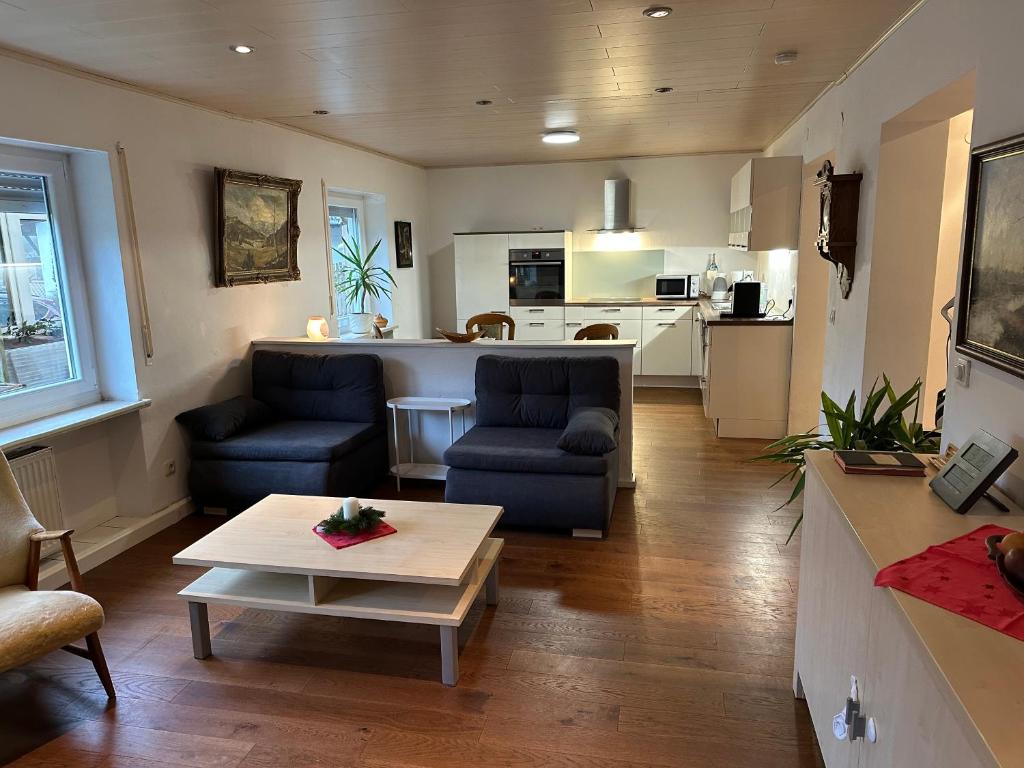 a living room with two blue chairs and a kitchen at Idyllische Wohnung in ruhiger Lage Nähe BAB A6! in Illschwang