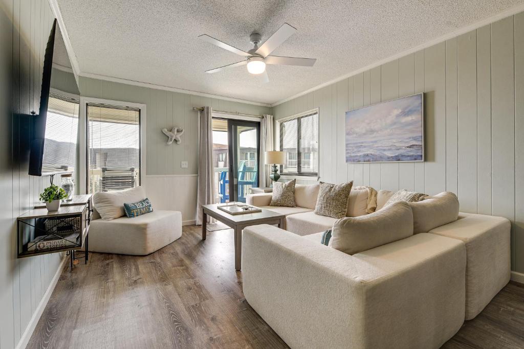 a living room with two couches and a ceiling fan at Ocean-View Balcony! Myrtle Beach 3rd-Floor Retreat in Myrtle Beach