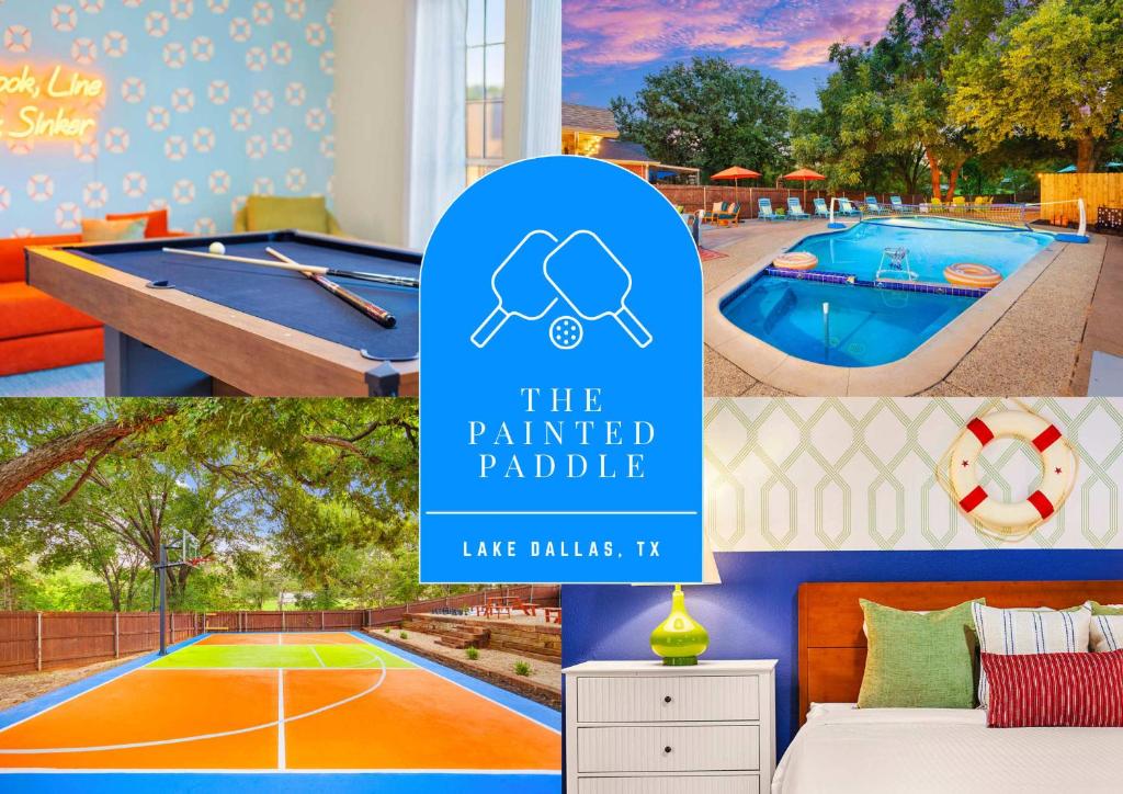 a collage of pictures of a hotel room with a pool at Resort Style Backyard Pool Pickleball Court in Lake Dallas