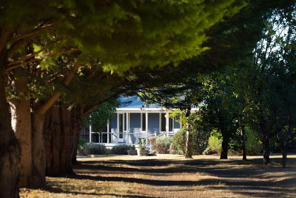 a white house with trees in front of it at Langfields in Glenlyon
