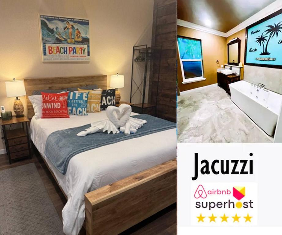 a bedroom with a king sized bed and a bathroom at Tropical Spa Studio, Jacuzzi, Kitchen, Sparks in Sparks