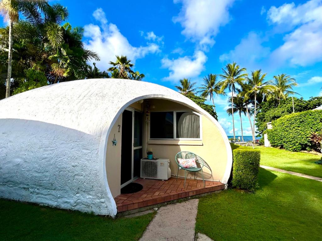 a small white dome house on a lawn with palm trees at Dome by the sea in Trinity Beach