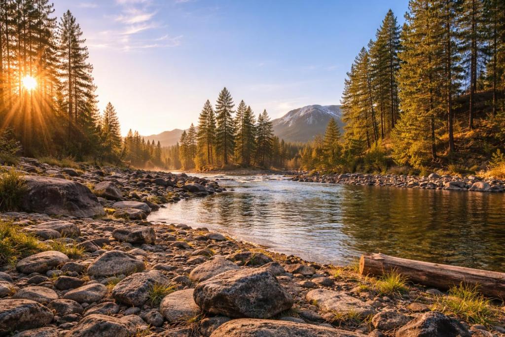 a river in the mountains with the sun setting at Riverside Cabin home in Leavenworth
