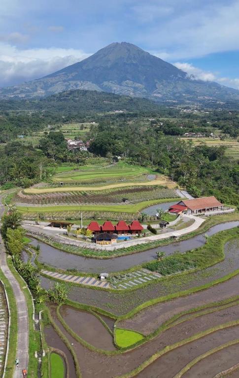an aerial view of a farm with a mountain in the background at Katah Montana Villa in Tonoboyo