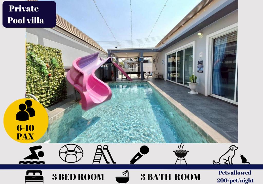 a swimming pool with a pink slide in a house at Pool Marine Hua-Hin Private Poolvilla from beach 4 km in Hua Hin