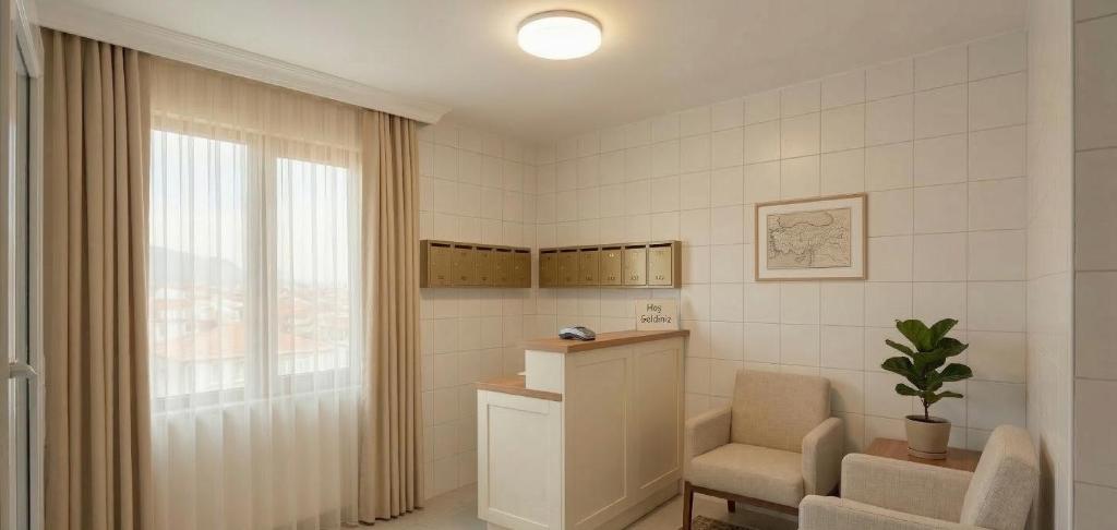 a waiting room with a chair and a window at Kaptanlar in Side