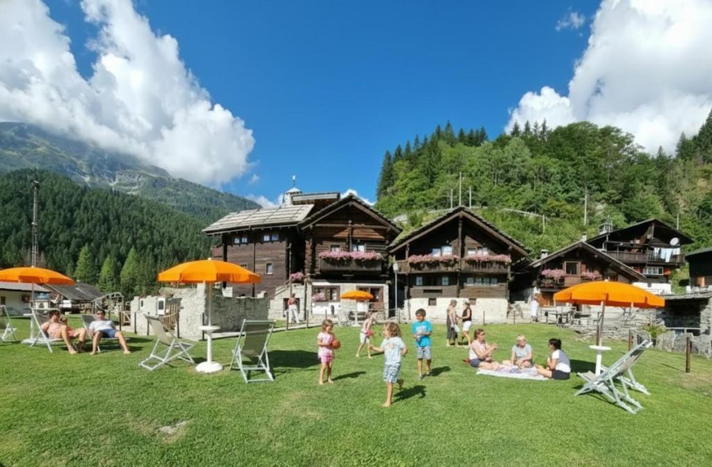 a group of people sitting on the grass in front of a lodge at Incanto Walser Apartments Testa in Macugnaga
