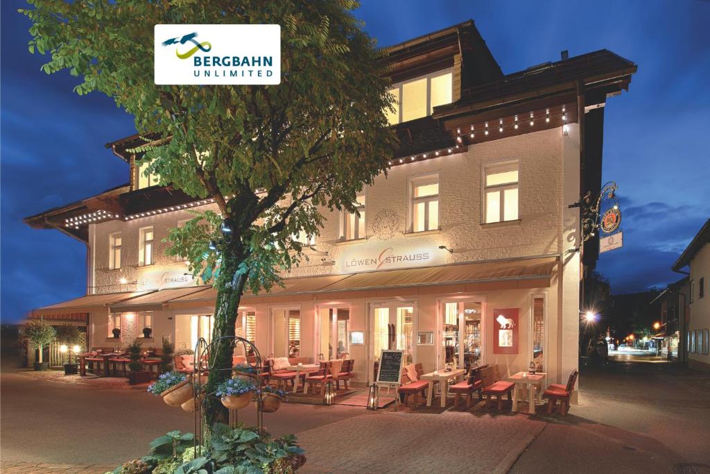 a building with a tree in front of it at Alpin Lifestyle Hotel Löwen & Strauss in Oberstdorf