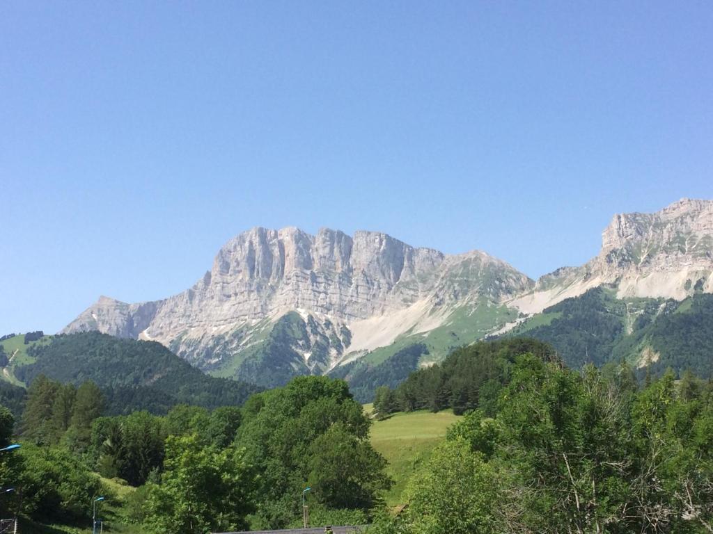 a view of a mountain range with trees in the foreground at Bramfam in Gresse-en-Vercors