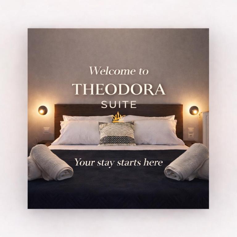 a bedroom with a bed with a welcome to thehodoria suite sign at THEODORA SUITE SMART KEY BOX by WESTBOOKING GR in Agrinio