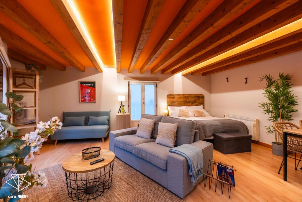 a large living room with a bed and a couch at EDIFICIO Aire Morito Rozando las Agujas de la Catedral de Burgos in Burgos