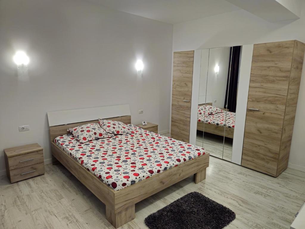 a bedroom with a bed and a large mirror at Garsonieră O&M in Craiova