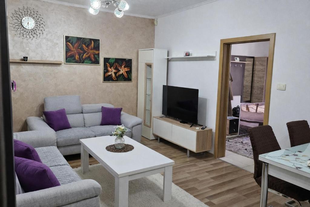 a living room with a couch and a tv at Hidden Home in Zenica