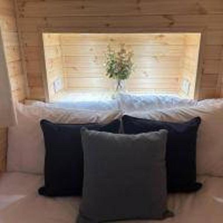 a room with a couch with pillows at Foundry Farm Arch- pod inspired home in Hexham
