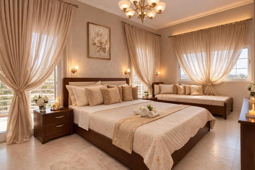 ein Schlafzimmer mit zwei Betten, Vorhängen und einem Kronleuchter in der Unterkunft Markos Studios Potos Thassos in Potos