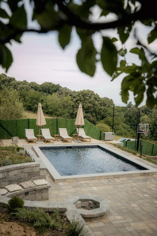 a swimming pool with two umbrellas and lounge chairs at Forest by Leni - National Park Salt Pool Villa in Beočin