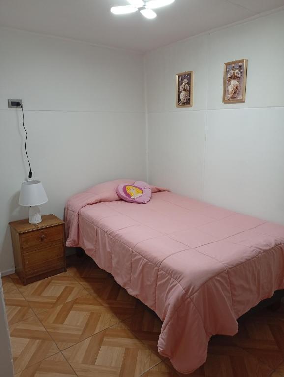 a bedroom with two beds and a nightstand with a pink blanket at Casa un rincón acogedor in Temuco