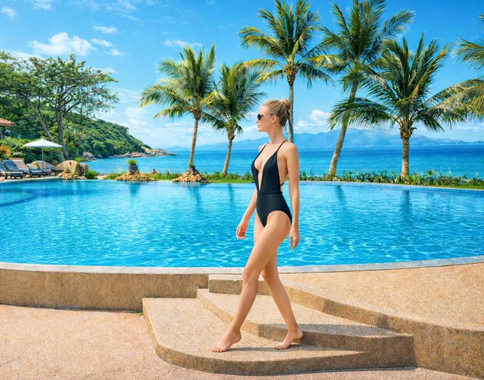 a woman walking down the steps of a swimming pool at SAMUI BOHO Family Villa 4BR with Pool Renovated 2026 in Nathon Bay