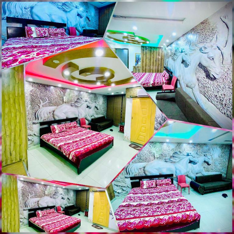 a collage of four photos of a room with beds at One bed lovely apartment in Rawalpindi