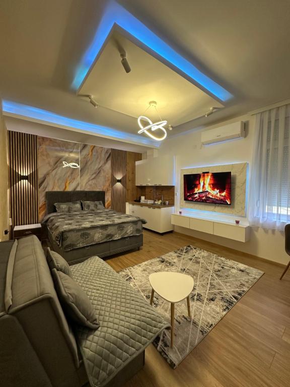 a living room with a couch and a fireplace at Studio Apartman Kostić in Gracanica