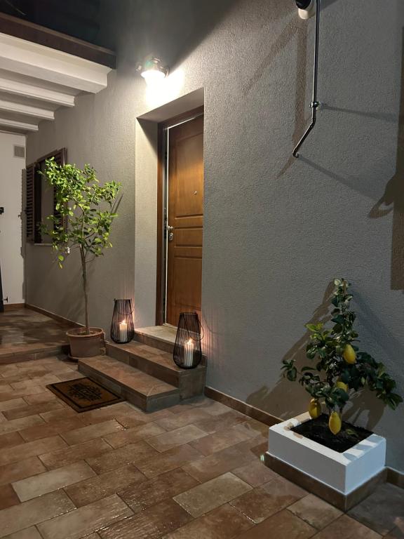 a hallway with two potted plants and a door at Casa Cianetta in San Dorligo della Valle