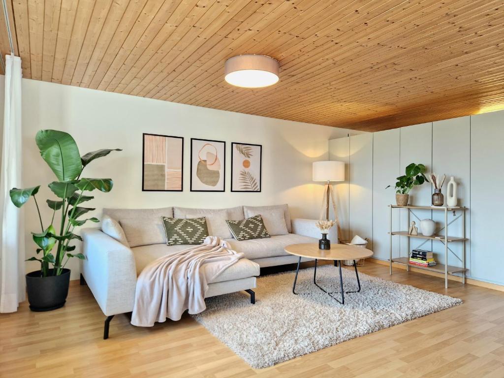 a living room with a couch and a table at Lakeview-Apartment - Komplette Wohnung mit Seeblick an ruhiger Lage in Weesen