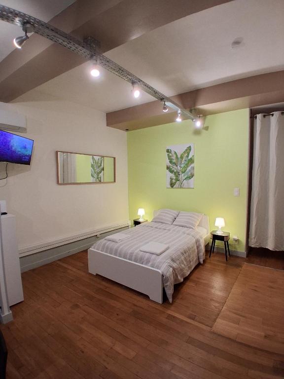 a bedroom with a bed in a room with green walls at Le Thiers Studio in Auxonne