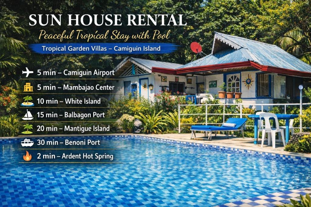 a flyer for a resort with a swimming pool at Sun House Rental in Mambajao