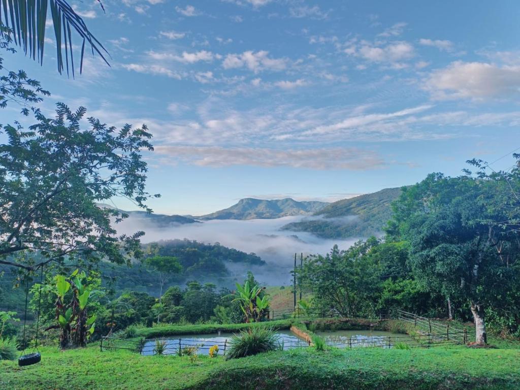 a view of a misty valley with mountains and trees at Cabanas ecologicas con vista espectacular y cascada privada - Finca Qawana Ecolodge en San Carlos in Cristalina