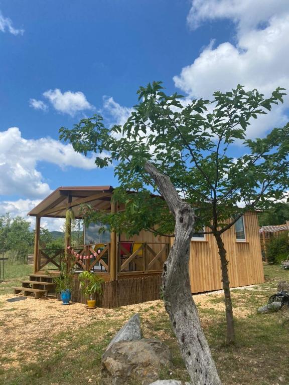 a wooden cabin with a tree in front of it at Chalet Majoie in Les Mages