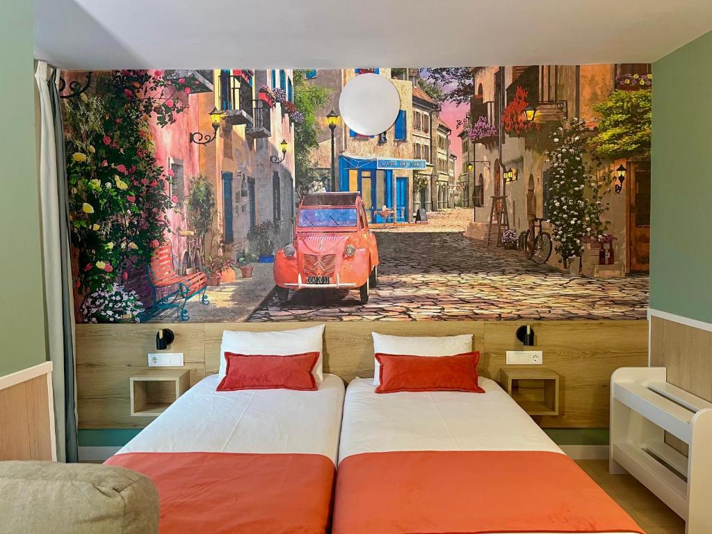 a bedroom with a painting of a street with a red car at Luxury Singular Apartments Padrón in Padrón