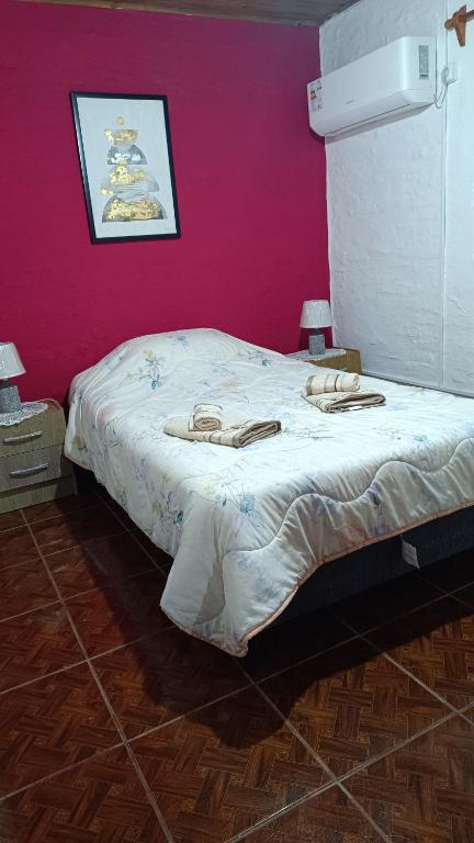 a bed in a room with a pink wall at Rincón del Hum in Mercedes