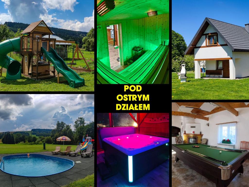 a collage of four pictures of a playground at Domki - Noclegi Pod Ostrym Działem in Ustrzyki Dolne