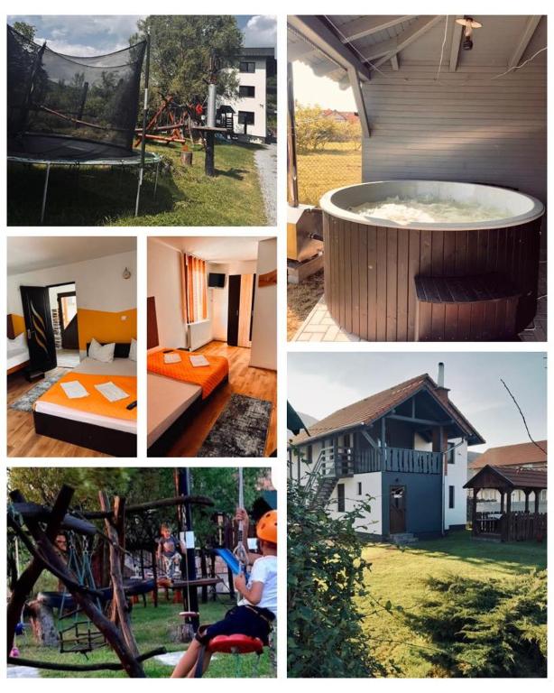 a collage of pictures of a house with a hot tub at Apartamente Ambrus Praid in Praid
