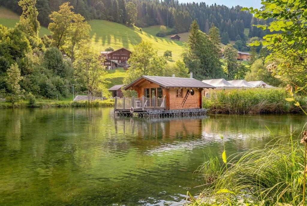 a house on a dock in the middle of a lake at Tiny Water Villa on a Lake with shared camping bathroom in Zweisimmen