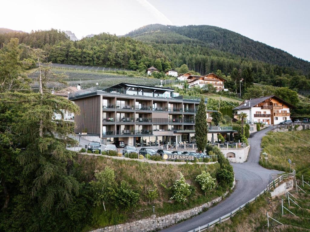 a hotel on a hill next to a winding road at Hotel Alpenrose in Schenna