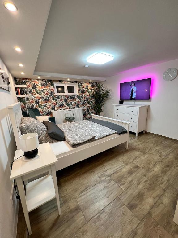 a bedroom with a bed and a tv on a wall at Moderne & gemütliche Pendleroase in Eislingen