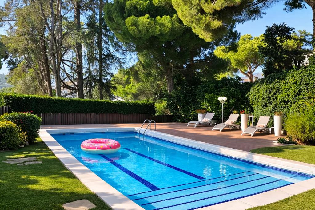 a swimming pool with a frisbee in a yard at Cabril's Hills - Stunning Villa with Pool & Sea Views in Cabrils