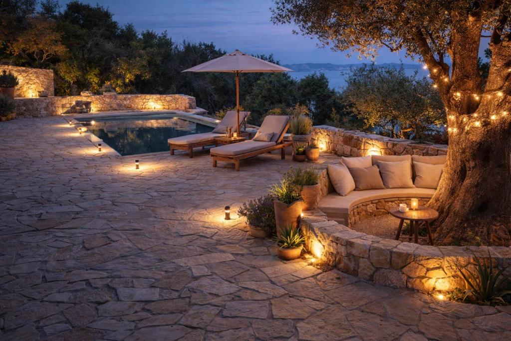 a patio with a couch and a tree with lights at Paxos Sunrise Villas in Gaios