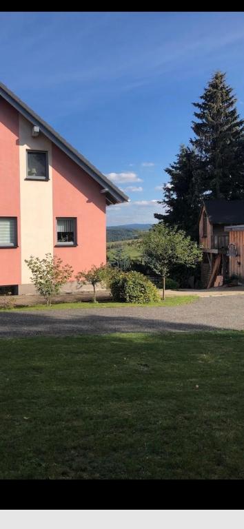 a house with a field of grass next to a building at Ferienzimmer Schürer in Lauter