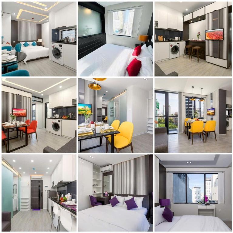 a collage of photos of a bedroom and a living room at My Suites Danang Beach in Danang