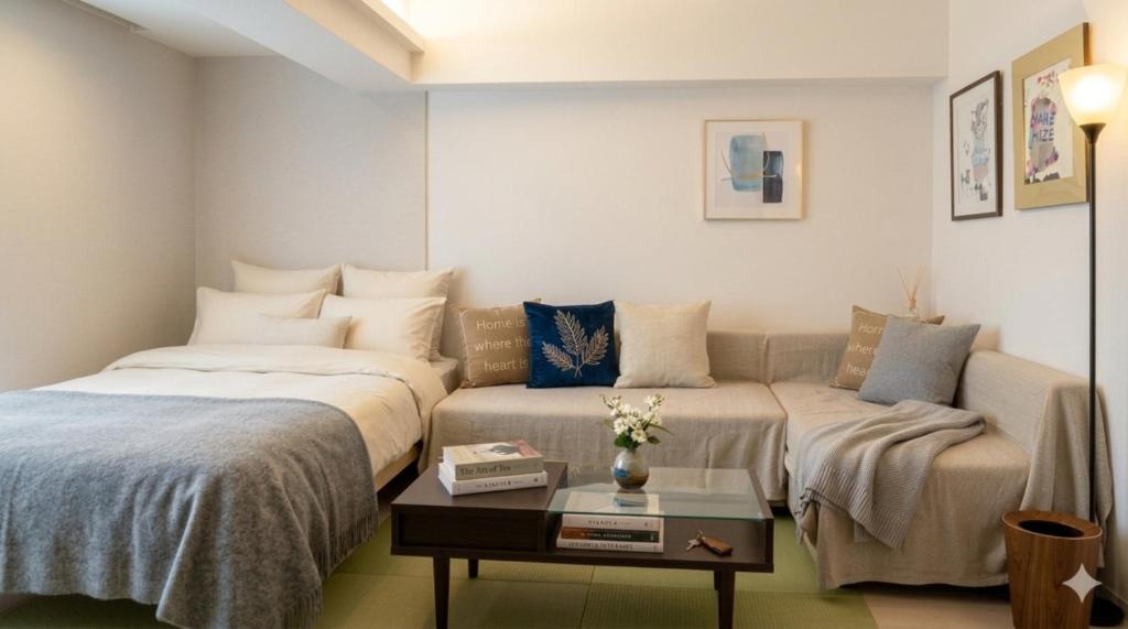 a living room with two beds and a couch at Newly Renovated 2025 秋リフォーム済 RC205 in Tokyo