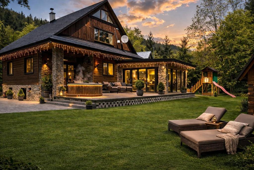 a log house with a playground in the yard at Rioba Chalet in Nová Bystrica