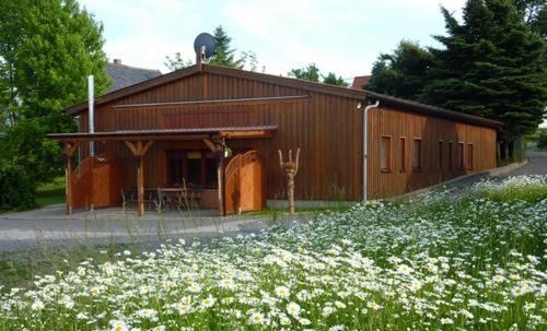 a building with a field of flowers in front of it at Ferienhaus Grasse in Görlitz