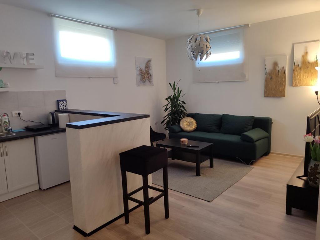a kitchen and a living room with a couch and a table at Apartman Centar Surcin 2 in Surčin