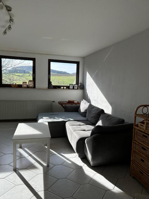a living room with a couch and two windows at Oak Wood Ranch Guest Apartment in Marsberg