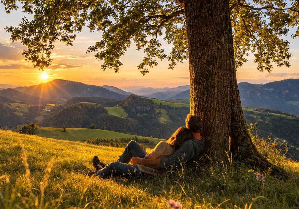 a couple sitting under a tree watching the sunset at Ferienhof Schneiderweg in Laussa