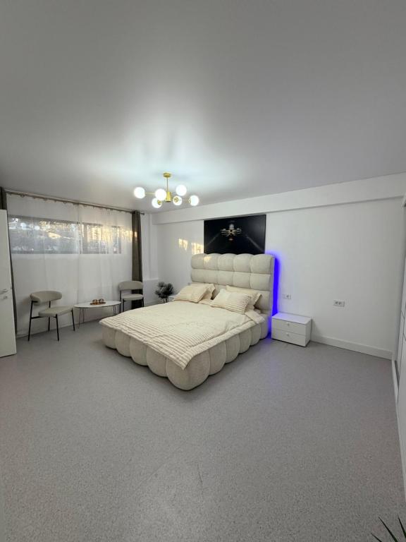 a bedroom with a large bed in a white room at LVO Studio in Bîrlad