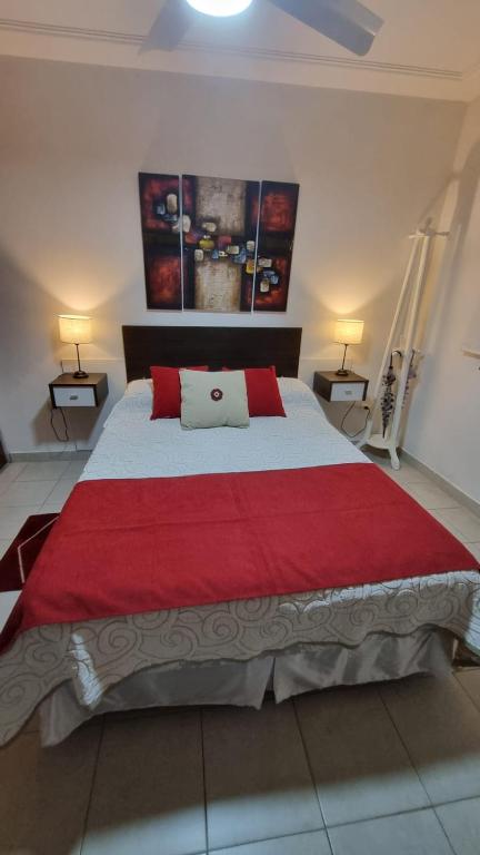 a bedroom with a large bed with a red blanket at Home in Río Cuarto