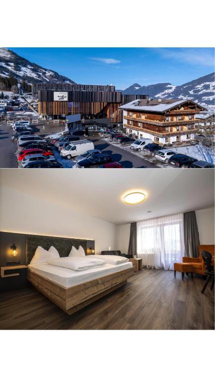 a bedroom with a bed and a parking lot with cars at Pension Kohler in Fügen